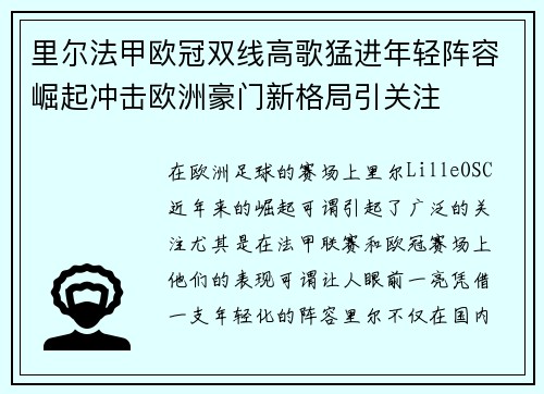 里尔法甲欧冠双线高歌猛进年轻阵容崛起冲击欧洲豪门新格局引关注