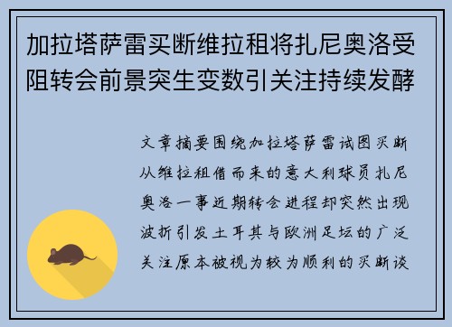加拉塔萨雷买断维拉租将扎尼奥洛受阻转会前景突生变数引关注持续发酵
